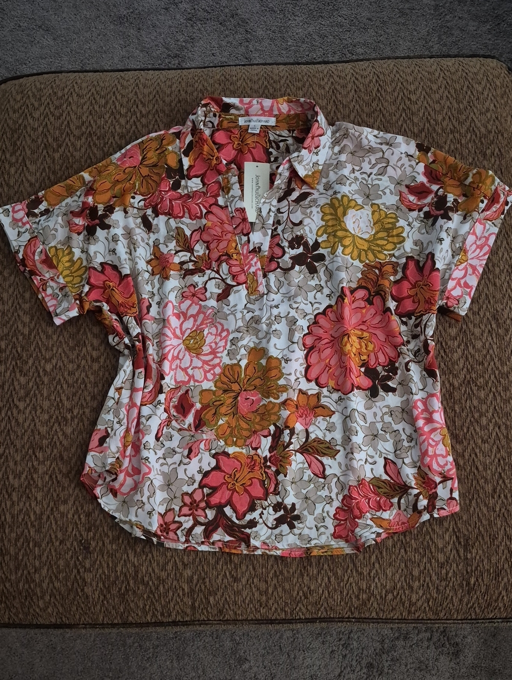 JohnPaulRichard Floral Button-Front Short Sleeve Top in Pink, Mustard & Brown